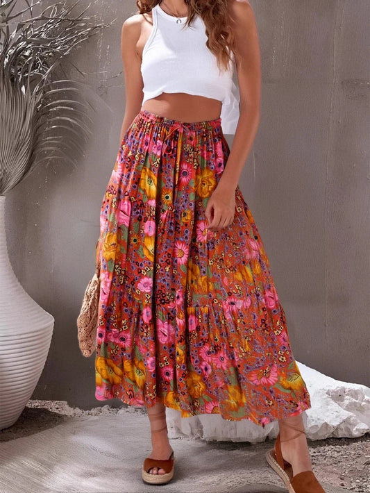 Vintage Fashion Bohemian Red Floral Print Beach Long Skirt