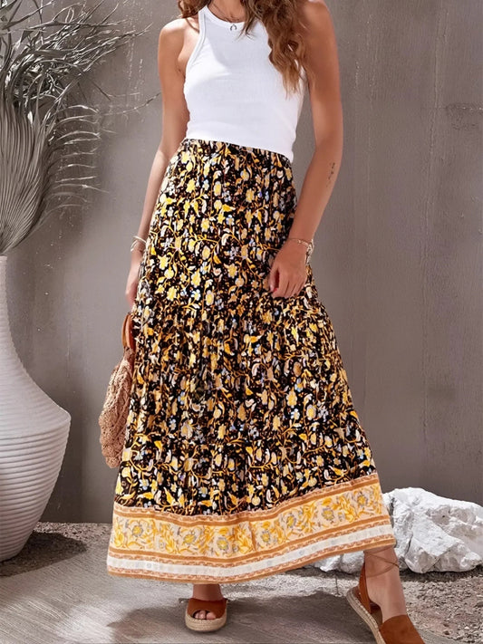 Vintage Hippie Women Floral Printed High Elastic Beach Bohemian Pleated Skirt