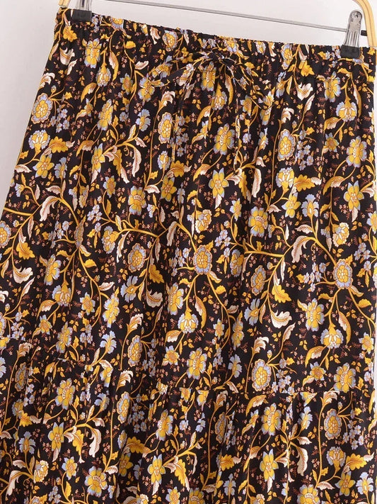 Vintage Hippie Women Floral Printed High Elastic Beach Bohemian Pleated Skirt