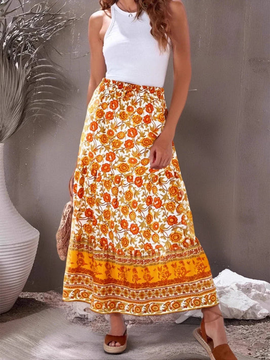 Vintage Summer Fashion Yellow Floral Printed Beach Bohemian Cotton Rayon Skirt