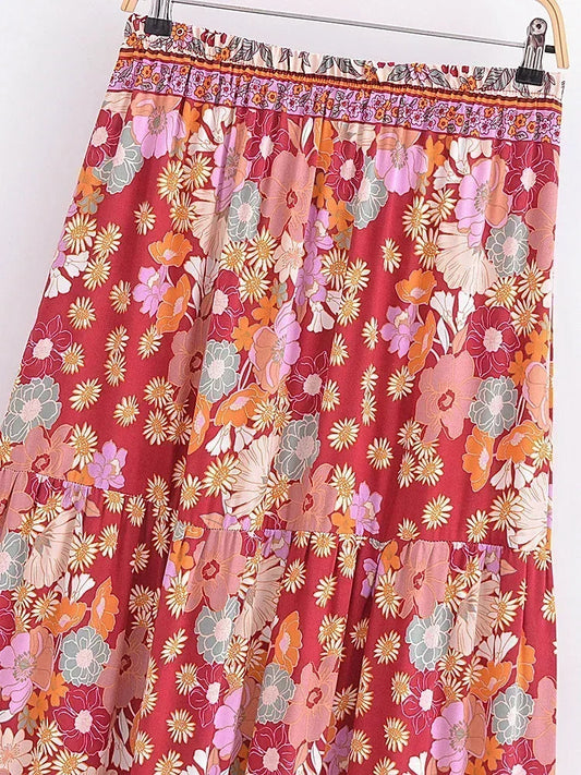Tassel Elastic Waist Floral Printed Beach Boho Pleated Maxi Skirt