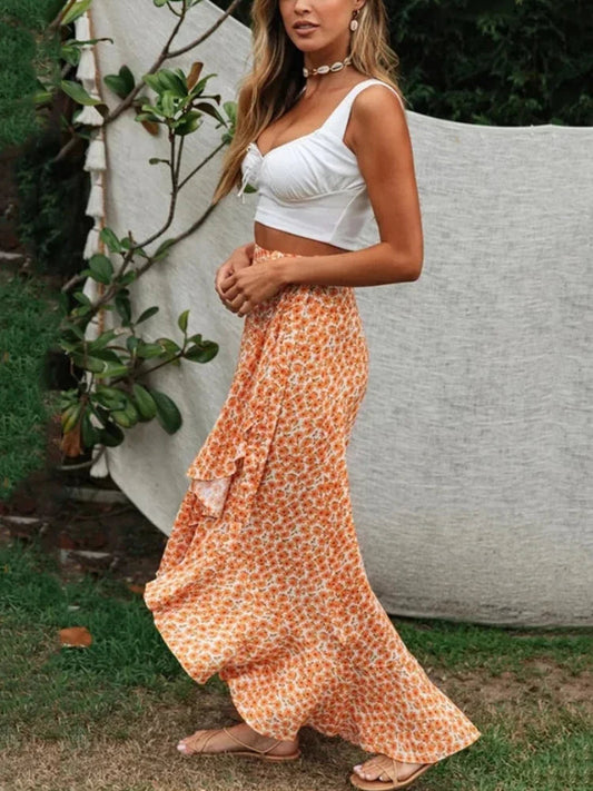 Yellow Floral Print Rayon Beach Split Asymmetrical Boho Skirt