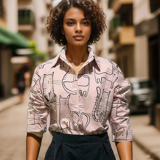 Cat Print Long Sleeve Vintage Casual Bloshope