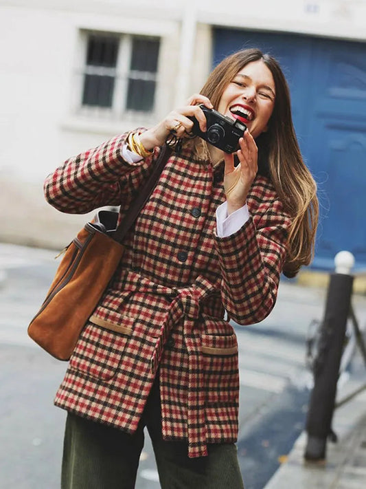 Red Plaid Wool Jacket with Belt Coat