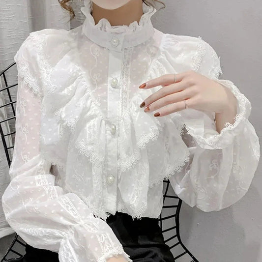 Vintage Ruffled Lace White Shirt Long Sleeve Casual Bloshope