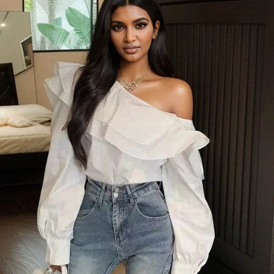 Ruffled Off Shoulder Slim Fit Casual Long Sleeve Bloshope
