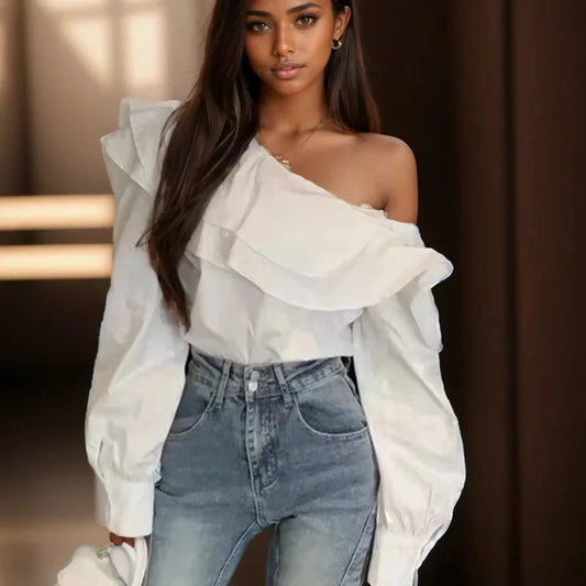 Ruffled Off Shoulder Slim Fit Casual Long Sleeve Bloshope