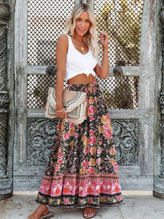 Vintage Summer Floral Print Beach Bohemian Pleated Skirt High Waist A-Line