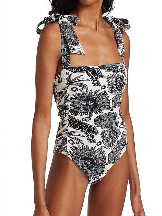 Vintage Sun Sketch Print Backless Swimsuit One Piece