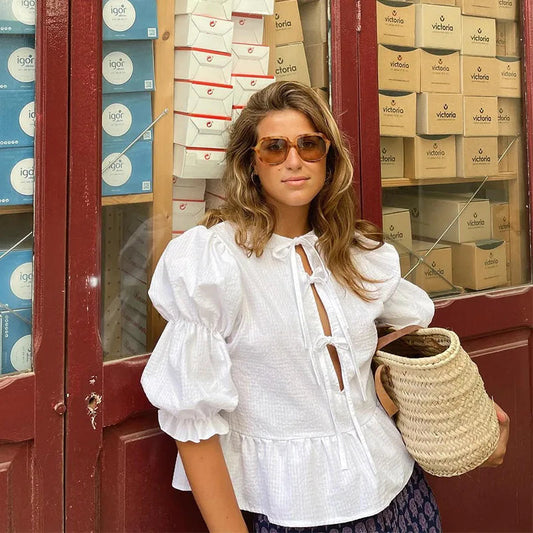 Lace-Up Tie-Up Puff Sleeve Midi Bloshope