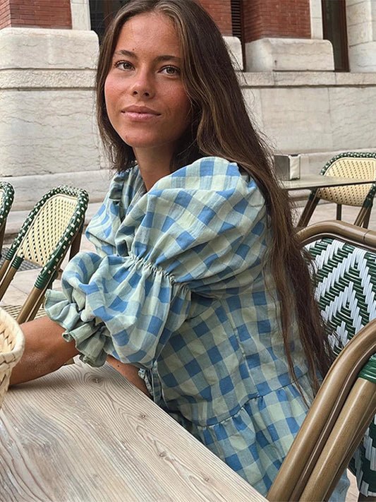 Lace-Up Tie-Up Puff Sleeve Midi Bloshope