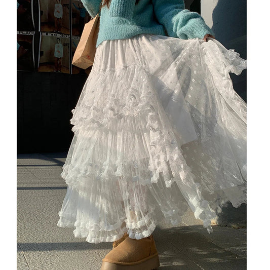 White Floral Tulle Floor-Length Skirt