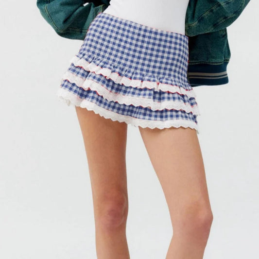 Plaid Layered Lace Zip Skirt