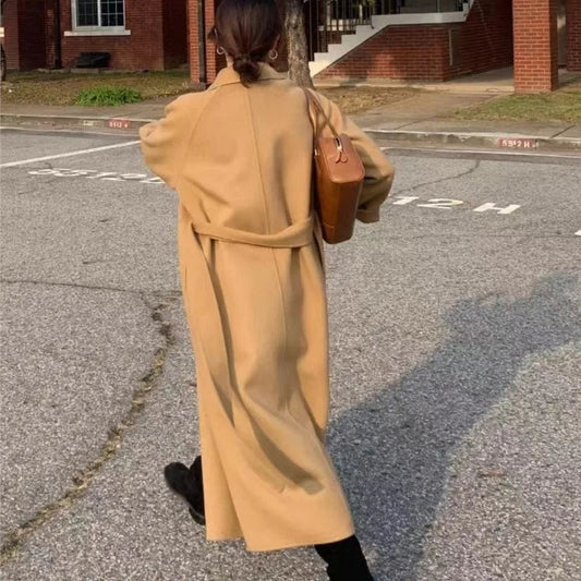 Elegant Woolen Belted Long Overcoat