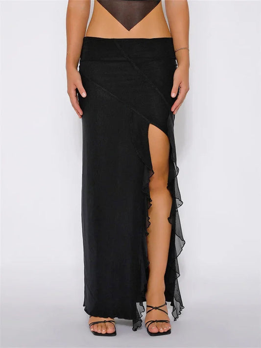 Frill Tulle Floral Low Waist High Split Bohemian Skirt