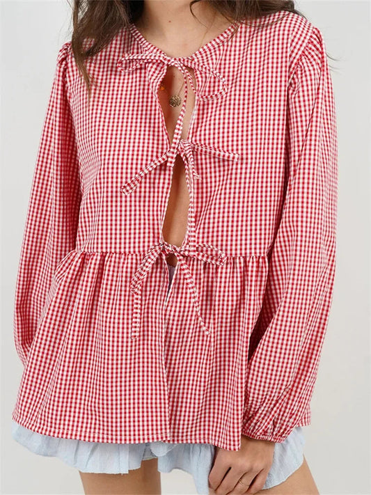 Plaid Stripe Front Tie-up Long Sleeve Bloshope