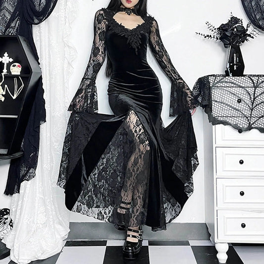 Mesh Velvet Hollow Out Long Dress