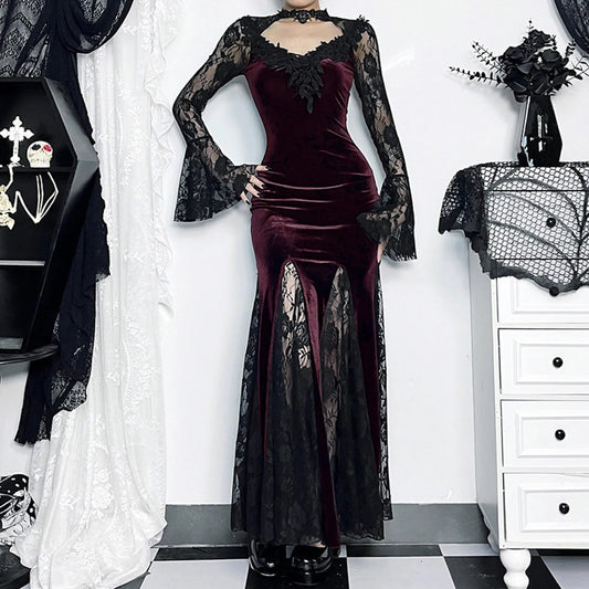 Mesh Velvet Hollow Out Long Dress