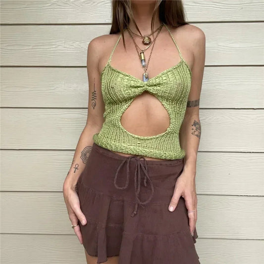 Knitted Cutout Halter Crop Top