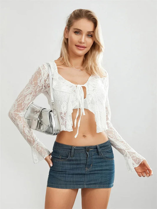 Lace Flare Sleeve Tie Up See Through Bloshope