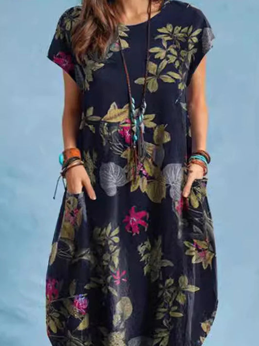 Cotton Linen Loose O-neck Floral Dress