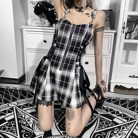 Soft Lace-up Checkered Mini Dress