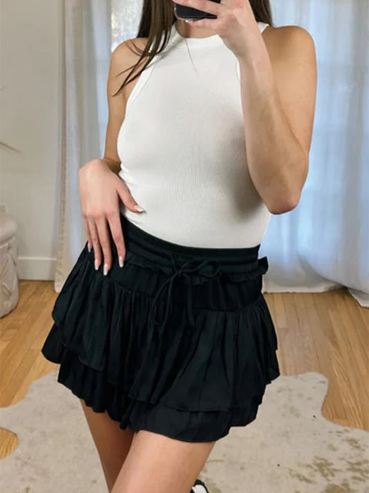 Satin Tiered Flared Pleated Skirt