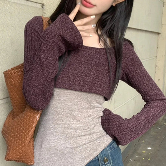 Solid Tank Tie-Up Halter Backless Long Sleeve Knit Top