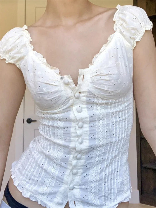 Retro Square Neck Button Down Short Sleeve Bloshope