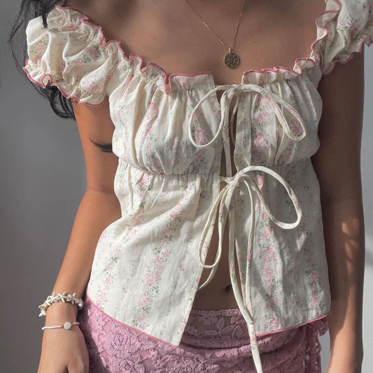 Ruffles Tie-Up Cap Crop Top