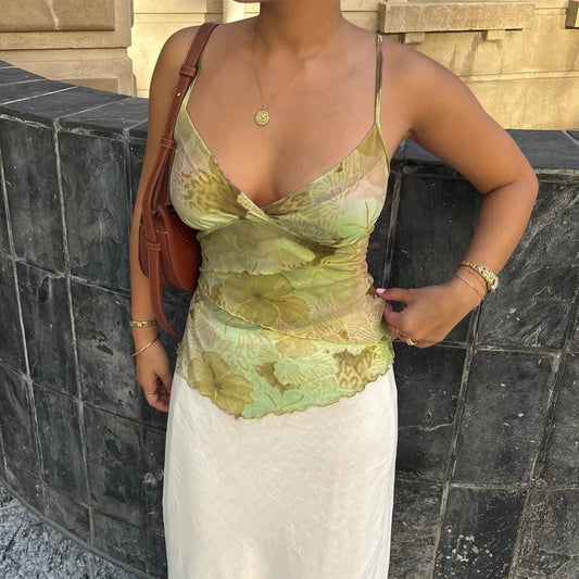 Floral Mesh Spaghetti Crop Top