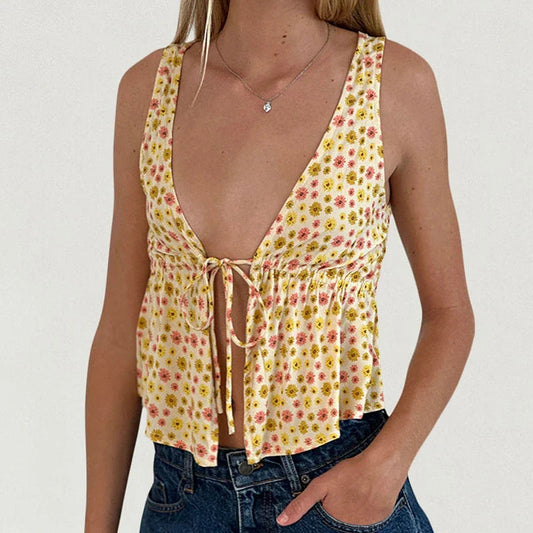 Tie Front Underbshopt Drawcord Floral Print V Neck Sleeveless Fairy Backless Crop Top