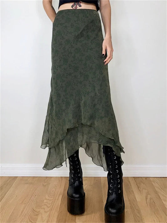 Vintage Floral Midi Skirt High Waist Mesh Irregular