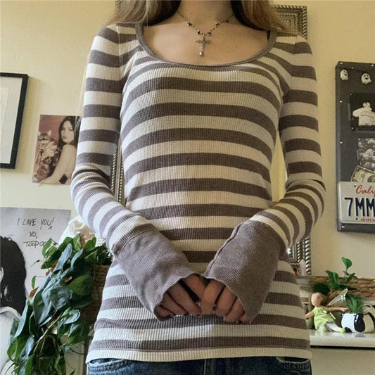 Y2K Grunge Striped Crew Neck Fall Slim Fit Knit Top