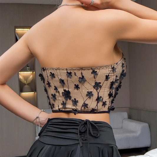 3D Floral Vintage Fishbone Corset Slim Crop Top