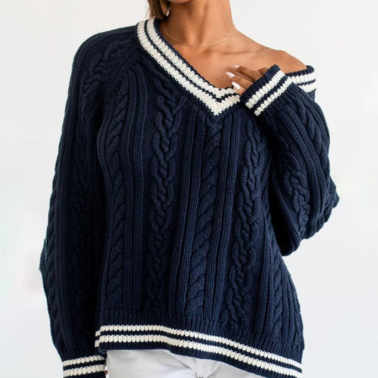 Preppy Cable Knit Striped V-neck Sweater