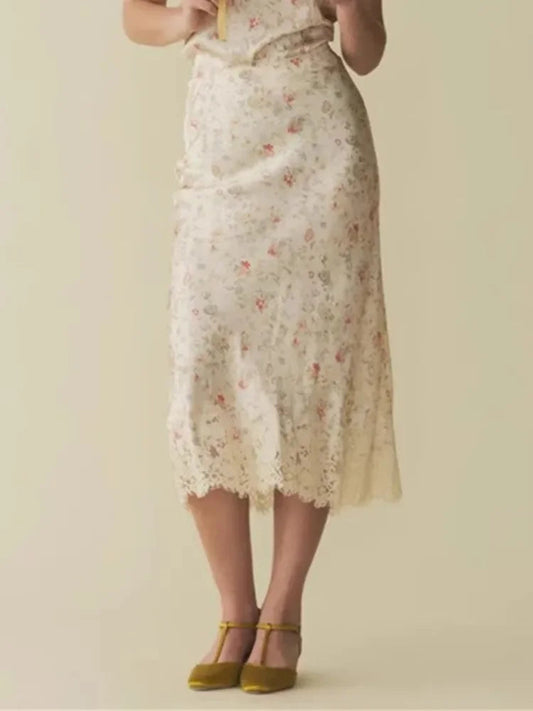 Floral Print Mermaid Lace Splice High Waist Retro Summer Midi Skirt