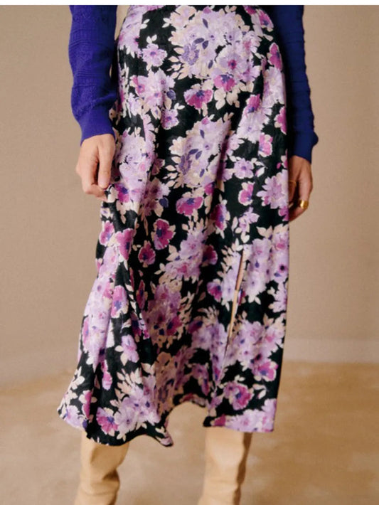Gentle Purple Floral Midi Skirt Winter Female Split Hem High Waist