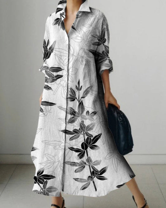 Women's Lapel Long Sleeve Floral Print Shirt Dress