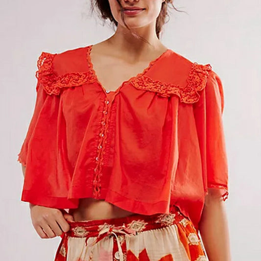 Low Cut Chiffon Ruffle Lace Trim Bloshope
