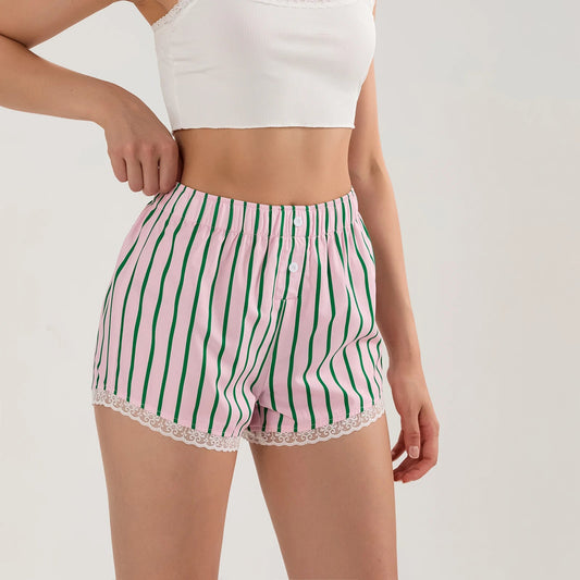 Striped Button Lace Trim Short