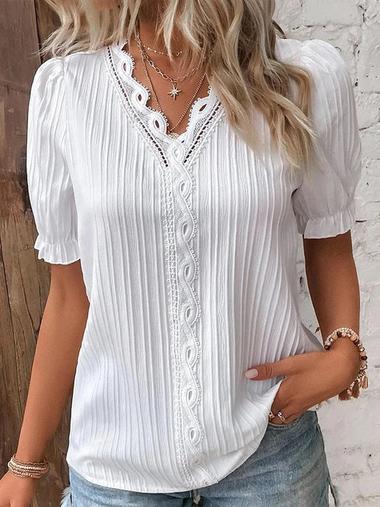 Solid Sexy V-neck Splice Short Sleeve Bloshope
