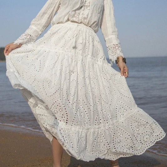 Women's Summer Cotton Full Lace Midi Skirt A-line Boho Vacation