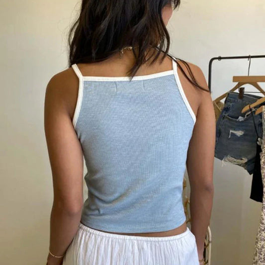 Y2K Aesthetic Slim Fit Sweet Vest Fairy Bow Embroidery Sleeveless O Neck Crop Top