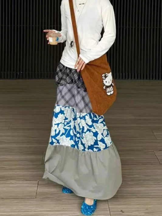 Y2K Blue Flower Patch Full Skirt Personalized Large Pocket Skirt