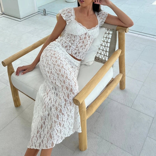 Floral Lace See-Through Short Sleeve Crop Top Long Skirt Two Pieces Set