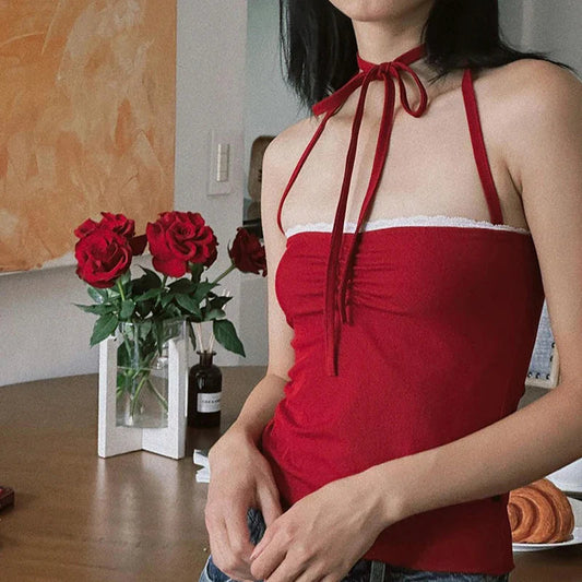 Lace Trim Halter Ruched Slim Fit Crop Top