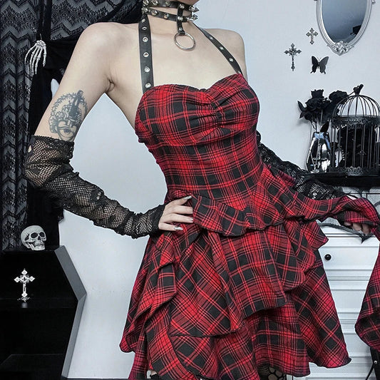 Crimson Tartan Halter Short Dress