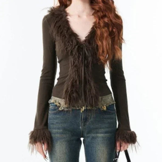 Bandage Fur Patchwork V-Neck Cardigan