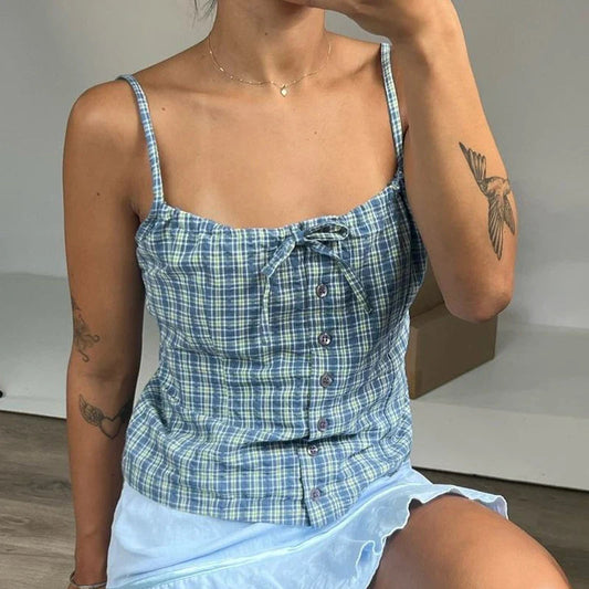 Y2K Plaid Print Sleeveless 00s Aesthetic Front Button Retro Backless Slim Fit Crop Top